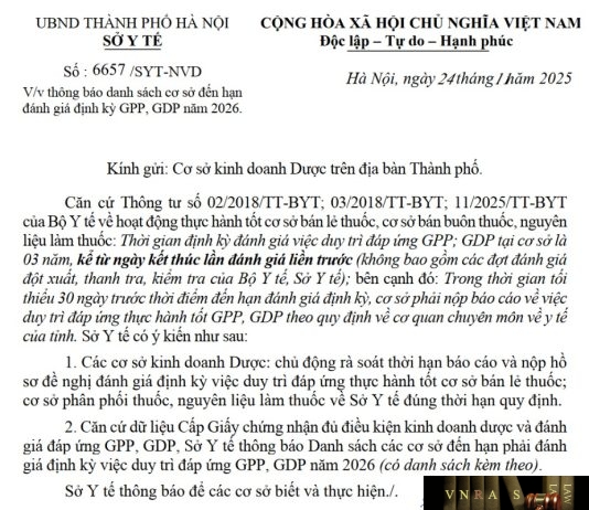 Công văn số : 6657/SYT-NVD Sở Y tế Hà Nội ngày 24 tháng 11 năm 2025 Về việc thông báo danh sách cơ sở đến hạn đánh giá định kỳ GPP, GDP năm 2026