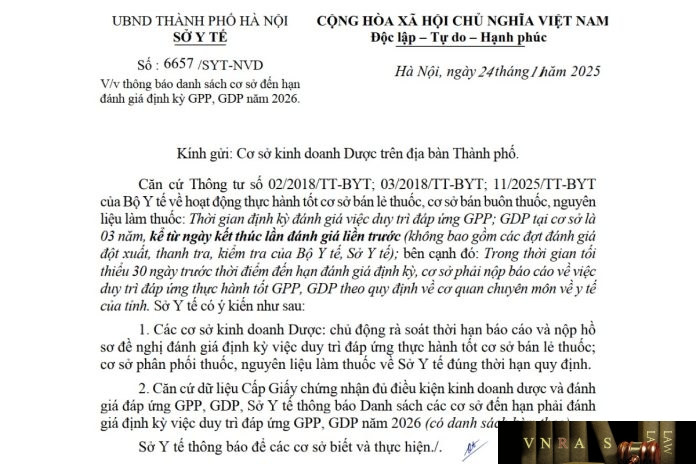 Công văn số : 6657/SYT-NVD Sở Y tế Hà Nội ngày 24 tháng 11 năm 2025 Về việc thông báo danh sách cơ sở đến hạn đánh giá định kỳ GPP, GDP năm 2026