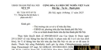 Công văn số : 7339 /SYT-NVD Sở Y tế Hà Nội ngày 16 tháng 12 năm 2025 Về việc Thông báo thu hồi thuốc vi phạm mức độ 2 (Thuốc Diclofen; Số giấy ĐKLH: VD-25150-16)