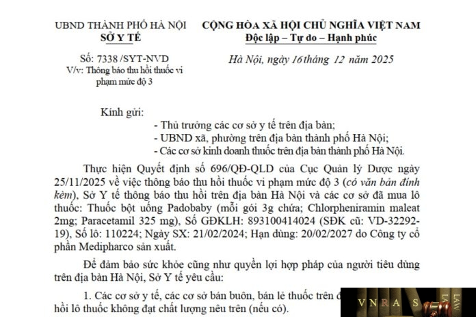 Công văn số : 7339 /SYT-NVD Sở Y tế Hà Nội ngày 16 tháng 12 năm 2025 Về việc Thông báo thu hồi thuốc vi phạm mức độ 2 (Thuốc Diclofen; Số giấy ĐKLH: VD-25150-16)