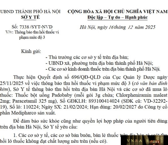 Công văn số : 7338/SYT-NVD Sở Y tế Hà Nội ngày 16 tháng 12 năm 2025 Về việc thông báo thu hồi thuốc vi phạm mức độ 3
