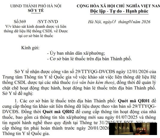 Công văn số : 369/SYT-NVD Sở Y tế Hà Nội ngày 13 tháng 01 năm 2026 Về việc khảo sát kinh doanh dược và liên thông dữ liệu Hệ thống CSDL về Dược tại cơ sở bán lẻ thuốc