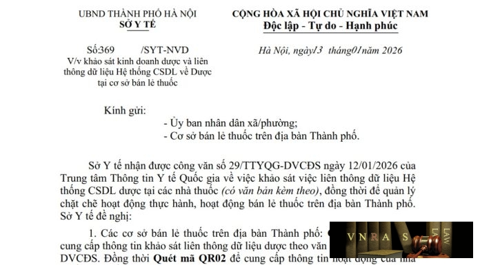 Công văn số : 369/SYT-NVD Sở Y tế Hà Nội ngày 13 tháng 01 năm 2026 Về việc khảo sát kinh doanh dược và liên thông dữ liệu Hệ thống CSDL về Dược tại cơ sở bán lẻ thuốc