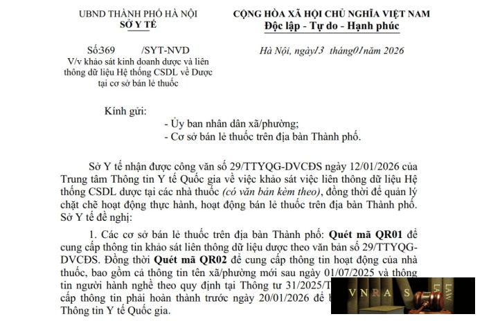 Công văn số : 369/SYT-NVD Sở Y tế Hà Nội ngày 13 tháng 01 năm 2026 Về việc khảo sát kinh doanh dược và liên thông dữ liệu Hệ thống CSDL về Dược tại cơ sở bán lẻ thuốc