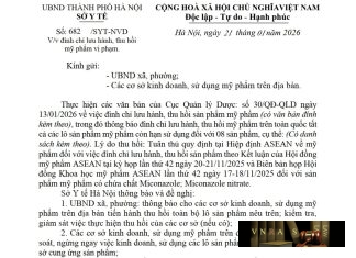 Công văn số : 682/SYT-NVD Sở Y tế Hà Nội ngày 21 tháng 01 năm 2026 Về việc đình chỉ lưu hành, thu hồi mỹ phẩm vi phạm