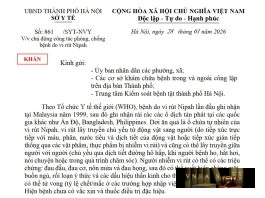 Công văn số : 861/SYT-NVY Sở Y tế Hà Nội ngày 28 tháng 01 năm 2026 Về việc chủ động công tác phòng, chống bệnh do vi rút Nipah