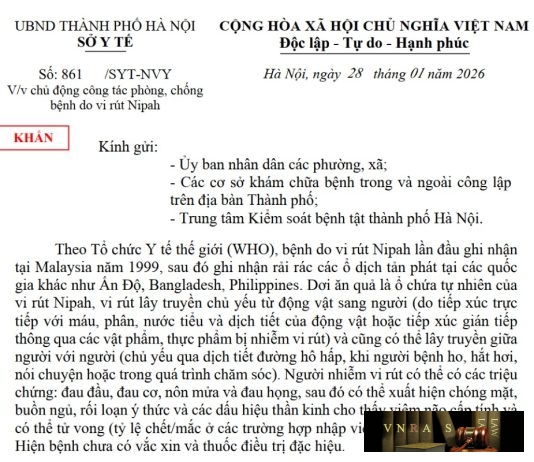 Công văn số : 861/SYT-NVY Sở Y tế Hà Nội ngày 28 tháng 01 năm 2026 Về việc chủ động công tác phòng, chống bệnh do vi rút Nipah