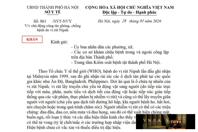 Công văn số : 861/SYT-NVY Sở Y tế Hà Nội ngày 28 tháng 01 năm 2026 Về việc chủ động công tác phòng, chống bệnh do vi rút Nipah