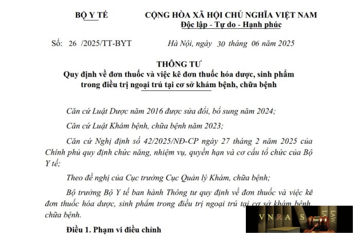 Thông tư số : 26/2025/TT-BYT ngày 30 tháng 06 năm 2025 Quy định về đơn thuốc và việc kê đơn thuốc hóa dược, sinh phẩm trong điều trị ngoại trú tại cơ sở khám bệnh, chữa bệnh