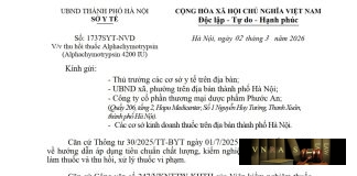 Công văn số : 1737/SYT-NVD Sở Y tế Hà Nội ngày 02 tháng 3 năm 2026 Về việc thu hồi thuốc Alphachymotrypsin (Alphachymotrypsin 4200 IU)
