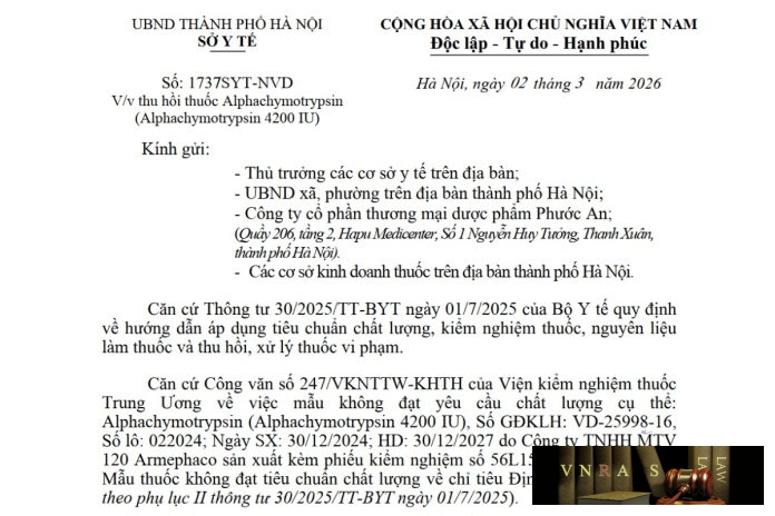 Công văn số : 1737/SYT-NVD Sở Y tế Hà Nội ngày 02 tháng 3 năm 2026 Về việc thu hồi thuốc Alphachymotrypsin (Alphachymotrypsin 4200 IU)